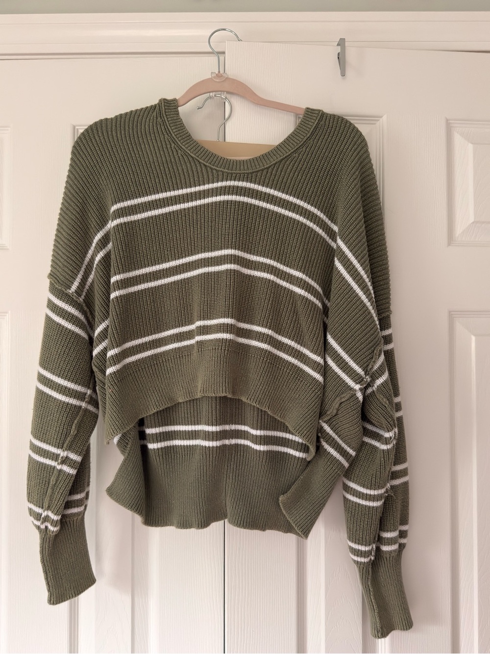 Aerie Olive Green and White Striped Cropped Knit Sweater & Shorts set
